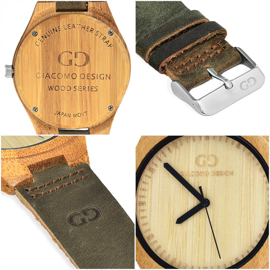 Men's watch Giacomo Design GD08001 bamboo wood leather strap