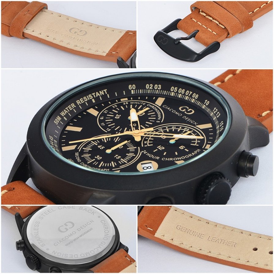 Elegant men's watch Giacomo Design GD02005 leather strap date chronograph