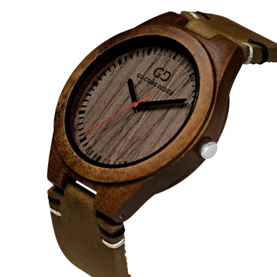 Men's wood watch Giacomo Design Legno Sul Bar koa wood thick leather strap