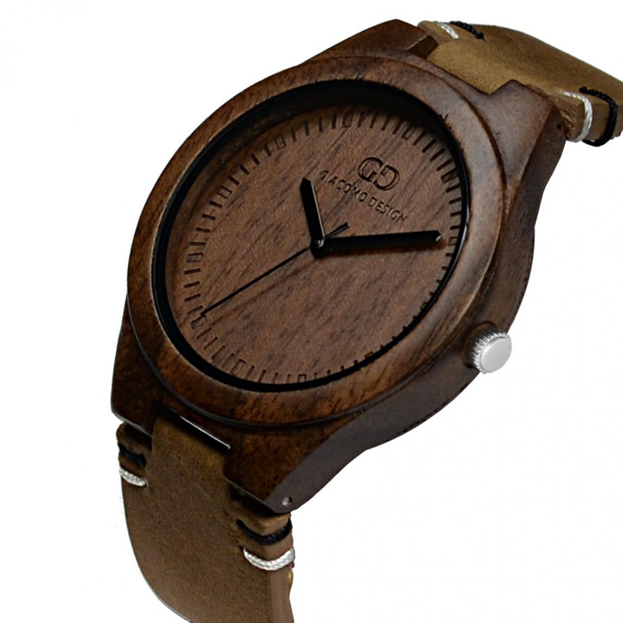 Men's wood watch Giacomo Design Legno Sul Bar koa wood thick leather strap