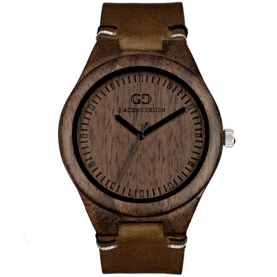 Men's wood watch Giacomo Design Legno Sul Bar koa wood thick leather strap