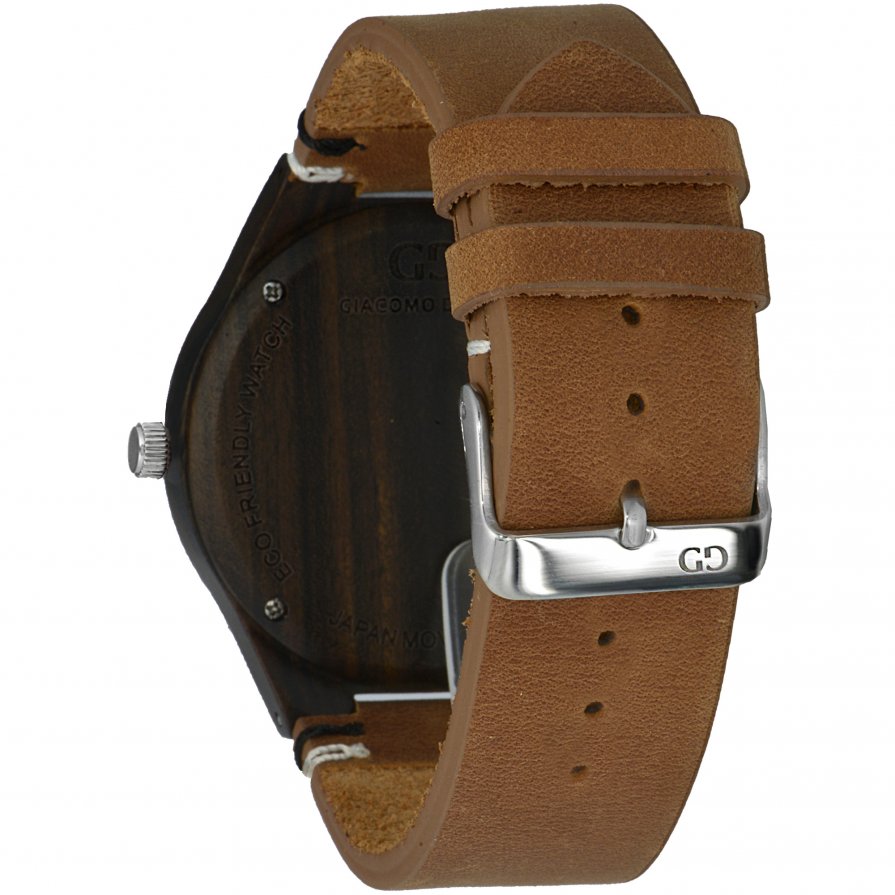 Men's watch Giacomo Design Legno Sul Bar walnutwood thick leather strap